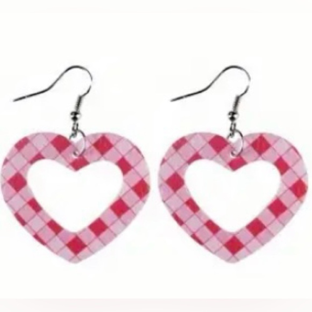 Love Heart-Shaped Checkerboard Faux Leather Drop Dangle Earrings